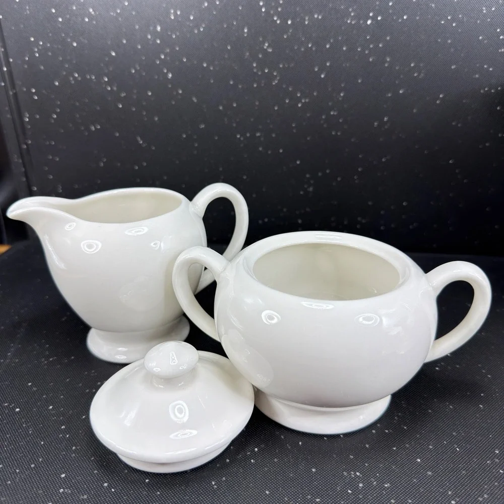 Crate & Barrel White Ceramic Sugar Bowl with‎ Lid and Creamer Set Made in India